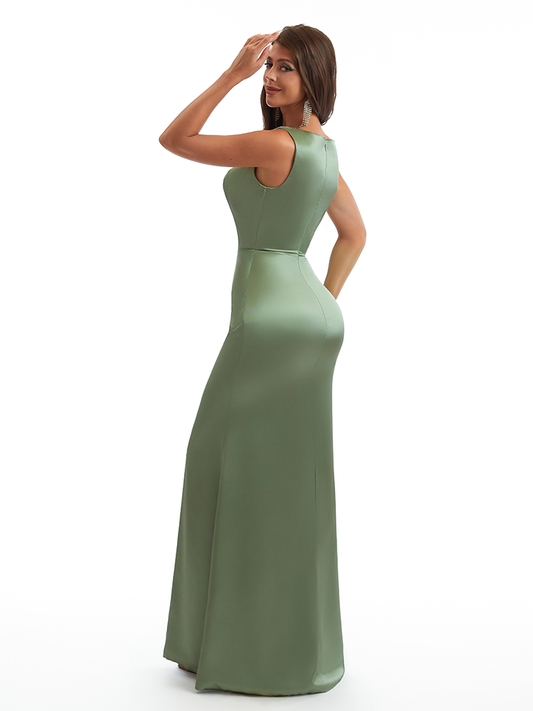 Elegant Cowl Neck Mermaid Soft Satin Long Wedding Party Bridesmaid Dresses Online