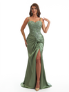 Elegant Spaghetti Straps Lace Top Mermaid Soft Satin Side Slit Long Bridesmaid Dresses Online