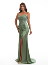Elegant Spaghetti Straps Lace Top Mermaid Soft Satin Side Slit Long Bridesmaid Dresses Online