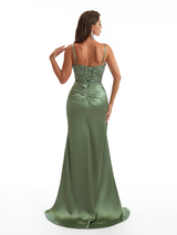 Elegant Spaghetti Straps Lace Top Mermaid Soft Satin Side Slit Long Bridesmaid Dresses Online