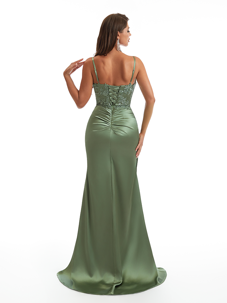 Elegant Spaghetti Straps Lace Top Mermaid Soft Satin Side Slit Long Bridesmaid Dresses Online