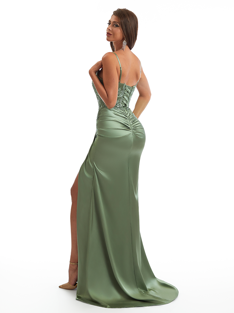 Elegant Spaghetti Straps Lace Top Mermaid Soft Satin Side Slit Long Bridesmaid Dresses Online