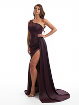 Sexy One Shoulder Side Slit Mermaid Satin Ruched Long Bridesmaid Dresses With Bonings