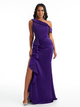 Sexy Ruffle Mermaid Asymmetric Straps Satin Side Slit Long Bridesmaid Dresses Online