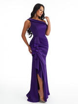 Sexy Ruffle Mermaid Asymmetric Straps Satin Side Slit Long Bridesmaid Dresses Online