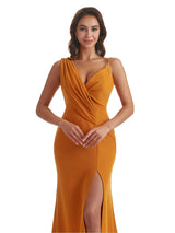 Sexy Side Slit Asymmetric Straps V-Neck Mermaid Crepe Long Bridesmaid Dress For Wedding