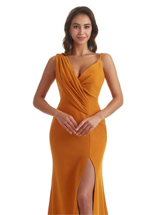 Sexy Side Slit Asymmetric Straps V-Neck Mermaid Crepe Long Bridesmaid Dress For Wedding