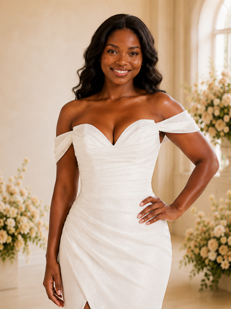 ChicSew Elegant Off The Shoulder Ruching Glitter Jersey Mermaid Long Wedding Dress