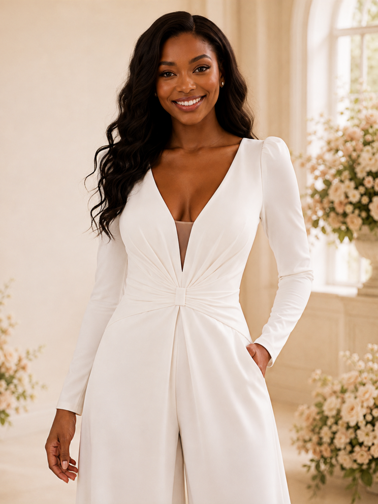 ChicSew Modern V-Neck Long Sleeves Crepe Floor-Length Wedding Jumpsuit