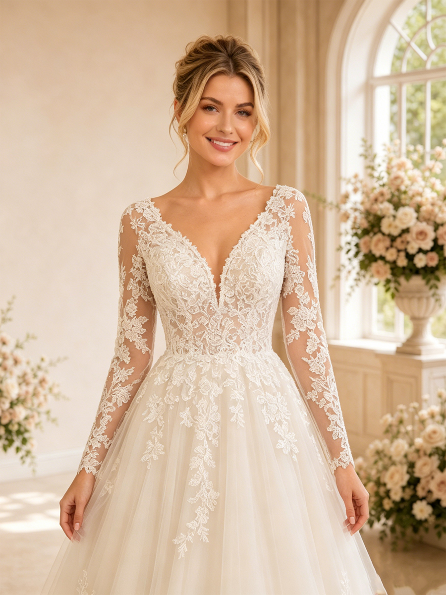 ChicSew Sexy V-Neck Lace Tulle Long Sleeves A-Line Maxi Wedding Dresses With Long Train
