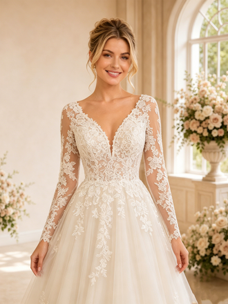 ChicSew Sexy V-Neck Lace Tulle Long Sleeves A-Line Maxi Wedding Dresses With Long Train