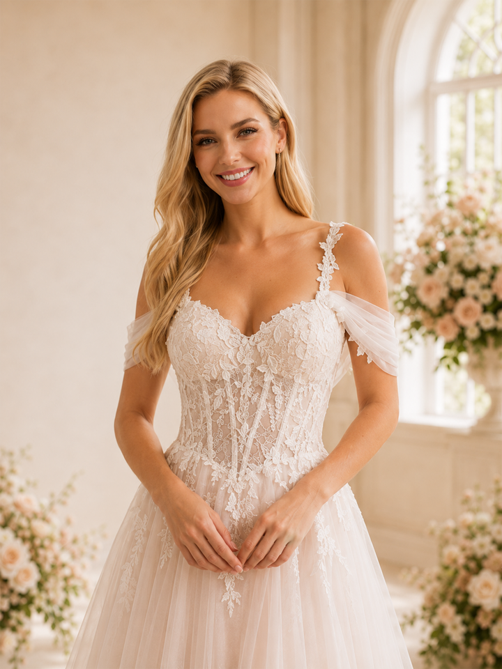 ChicSew Unique A-Line Cold Shoulder Lace Tulle Sleeveless Long Wedding Dresses With Train