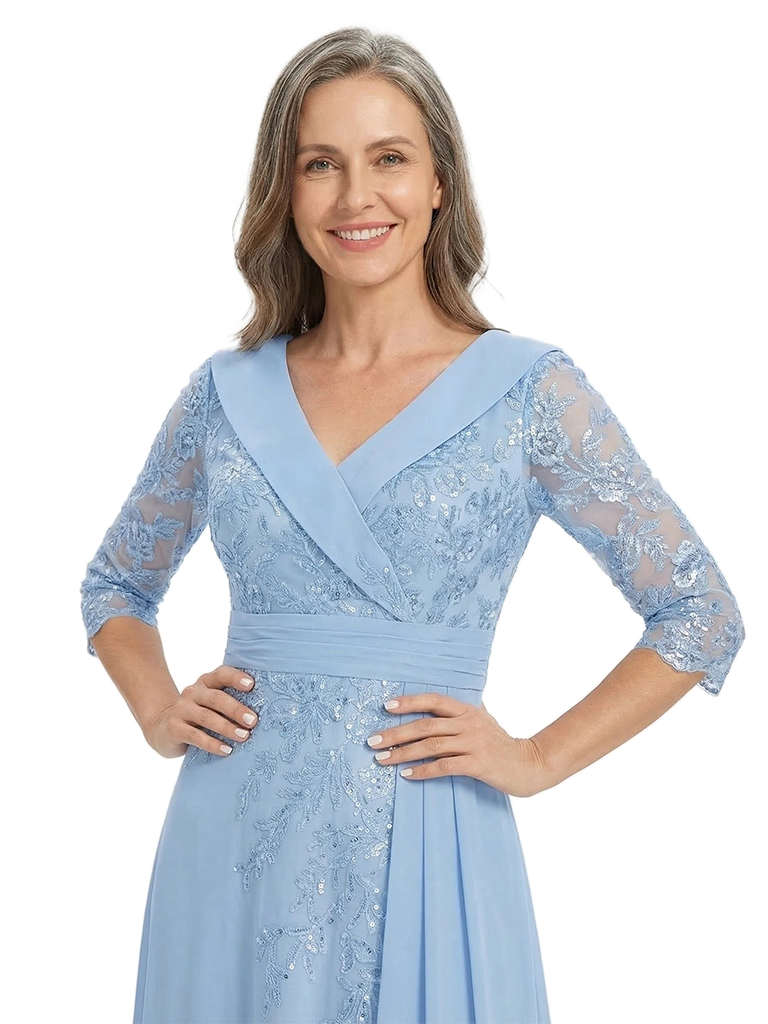 ChicSew V-Neck 3/4 Sleeve Lace Side Ruffle Floor Length Chiffon Mom Of The Groom Dresses