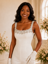 ChicSew Fancy Spaghetti Straps Square Neck Rhinestone Crepe Floor-Length Wedding Jumpsuit