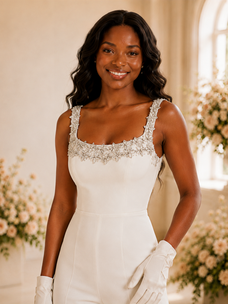 ChicSew Fancy Spaghetti Straps Square Neck Rhinestone Crepe Floor-Length Wedding Jumpsuit