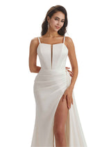Sexy Spaghetti Strap Side Split Mermaid Boning Ruched Satin Long Bridesmaid Dresses