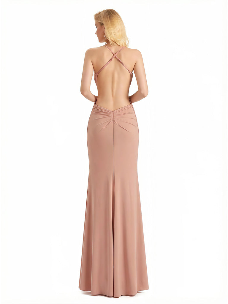 Sexy V-Neck Mermaid Jersey Long Formal Dresses For Women Spaghetti Straps Side Slit