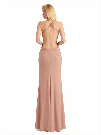 Sexy V-Neck Mermaid Jersey Long Formal Dresses For Women Spaghetti Straps Side Slit