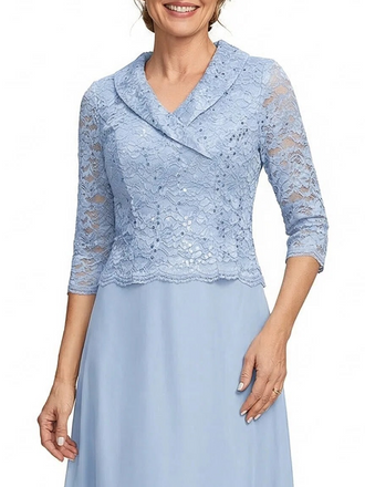 ChicSew V-Neck Long Sleeve Lace Beaded Floor Length Chiffon Elegant Mother of the Bride Dresses
