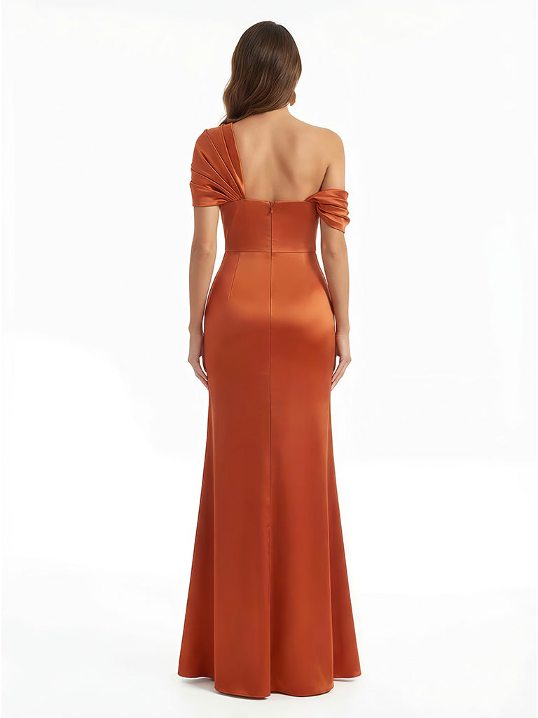 Sexy Mermaid Asymmetric Straps Side Slit Silky Satin Maxi Evening Dresses For Wedding