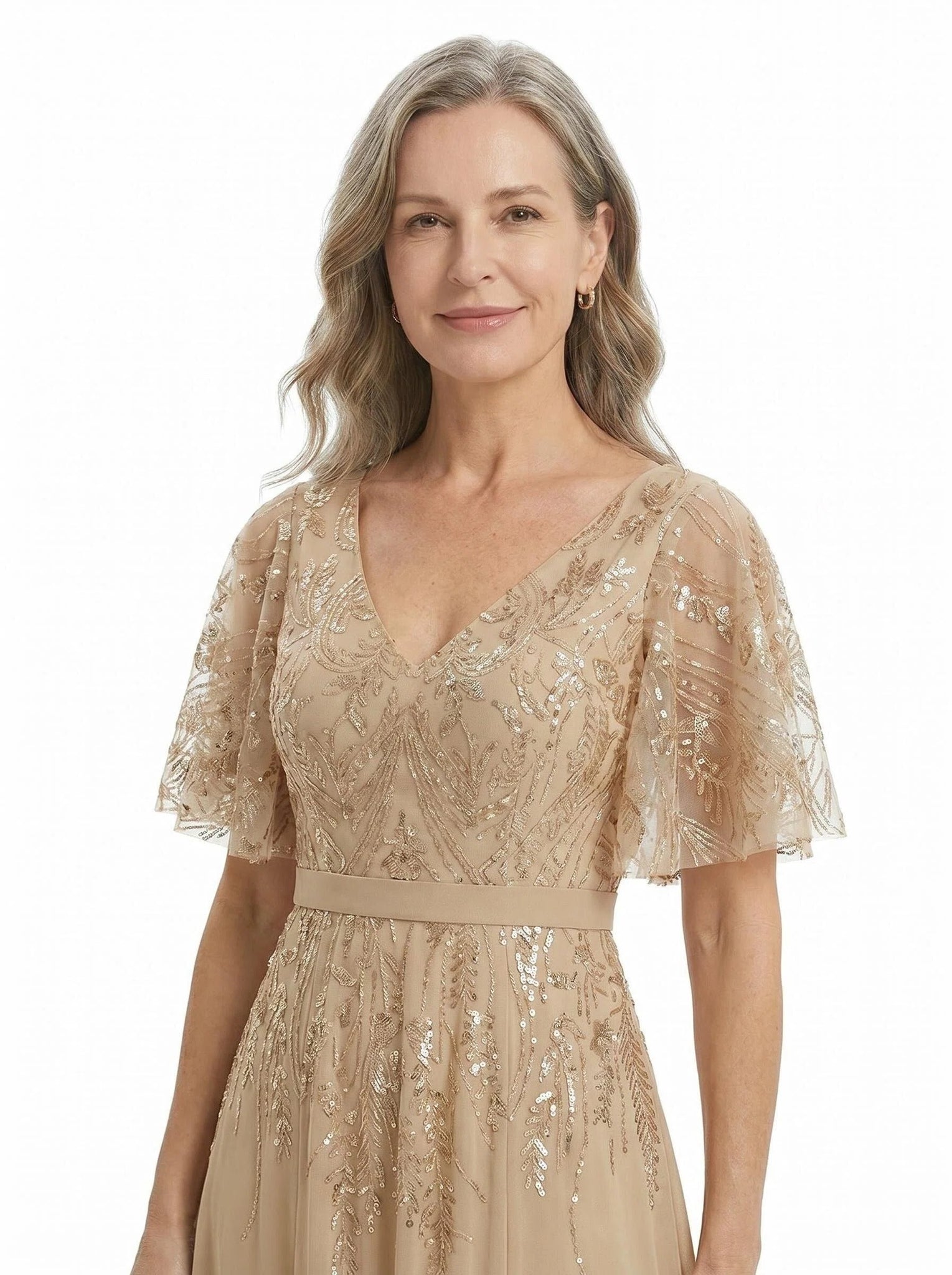 ChicSew Flutter Sleeves V-Neck Lace Appliques Sequin Side Slit Chiffon A-Line Mother Of The Groom Dress
