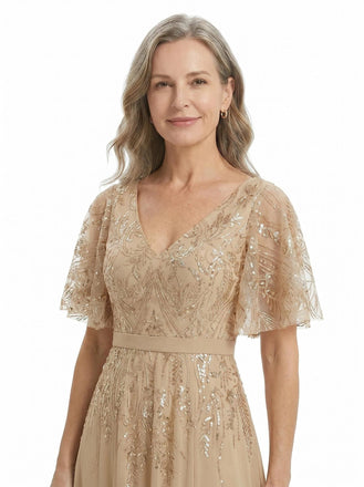 ChicSew Flutter Sleeves V-Neck Lace Appliques Sequin Side Slit Chiffon A-Line Mother Of The Groom Dress