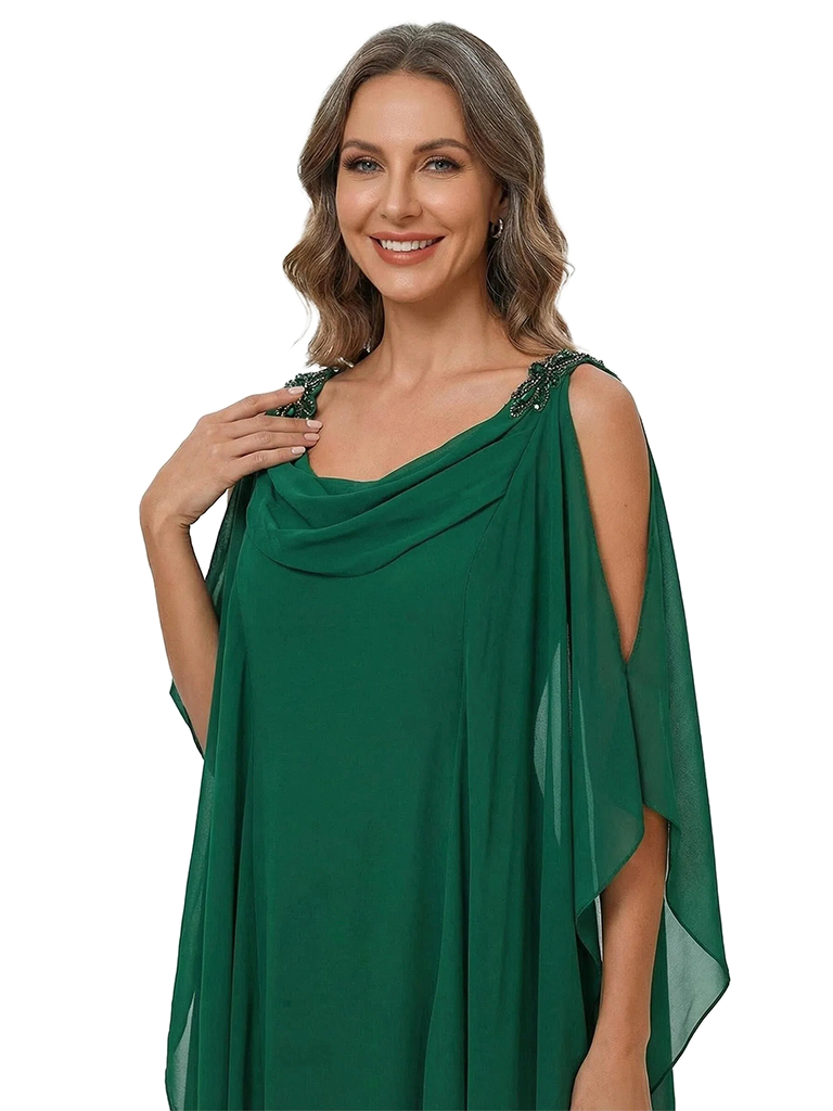 ChicSew Cowl Neck Cold Shoulder Beaded Detail Layered Ruffle Floor Length Chiffon Formal Mother Of The Bride And Groom Dresses