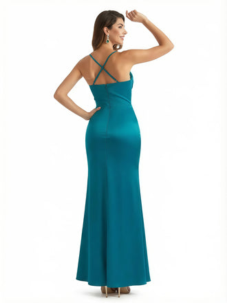 Elegant Spaghetti Straps Silky Satin Mermaid Long Evening Gown Dresses For Women