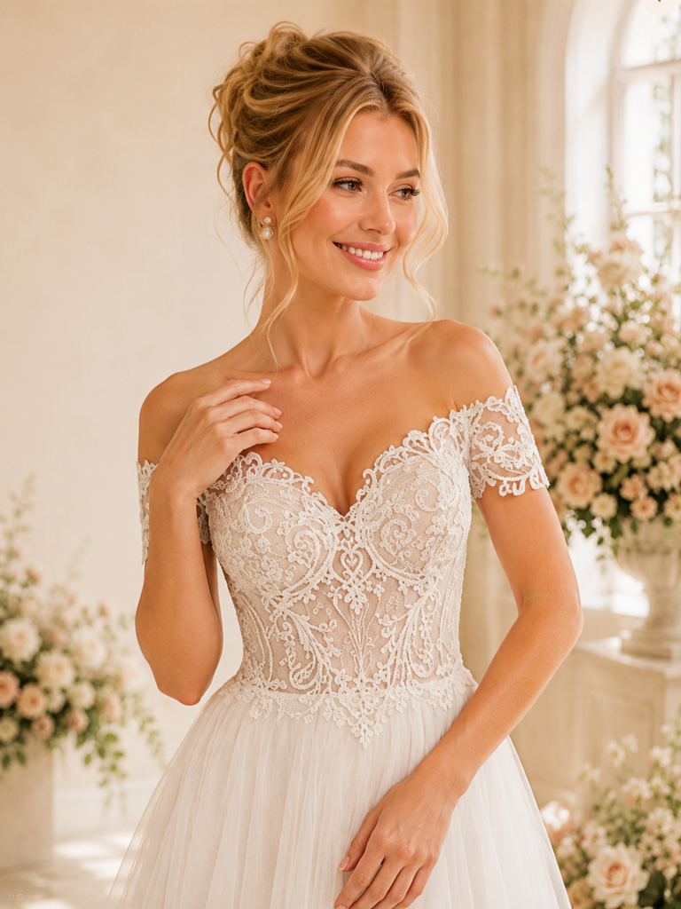 ChicSew Beautiful Elegant Off The Shoulder Lace Tulle A-Line Long Wedding Dress Online