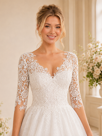 ChicSew Elegant Modern V-Neck A-Line Half Sleeves Lace Tulle Floor-Length Wedding Dresses With Applique