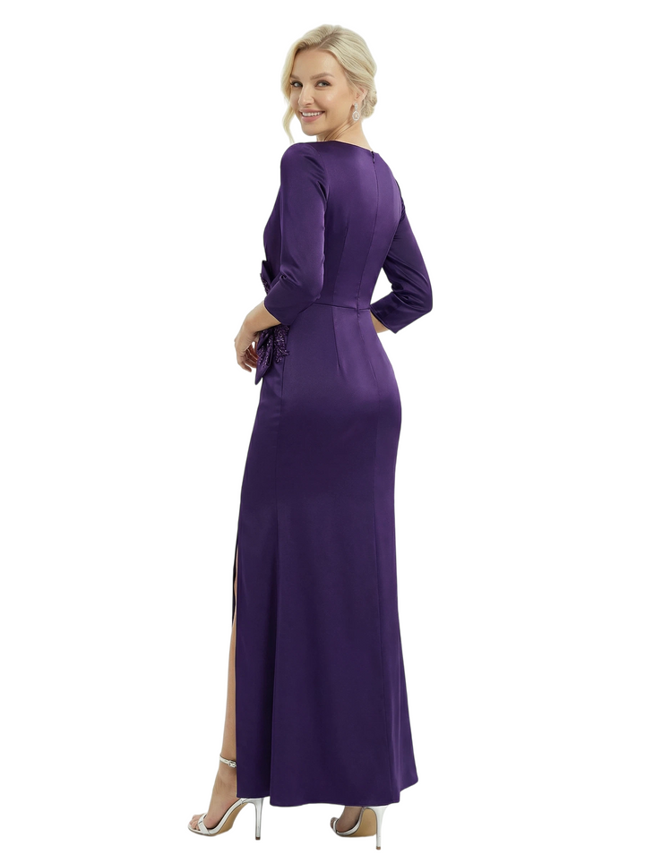 3/4 Sleeves V-Neck Satin Mother Of The Bride Dress Mermaid Maxi Gown Formal Wedding Attirermal Wedding Attire