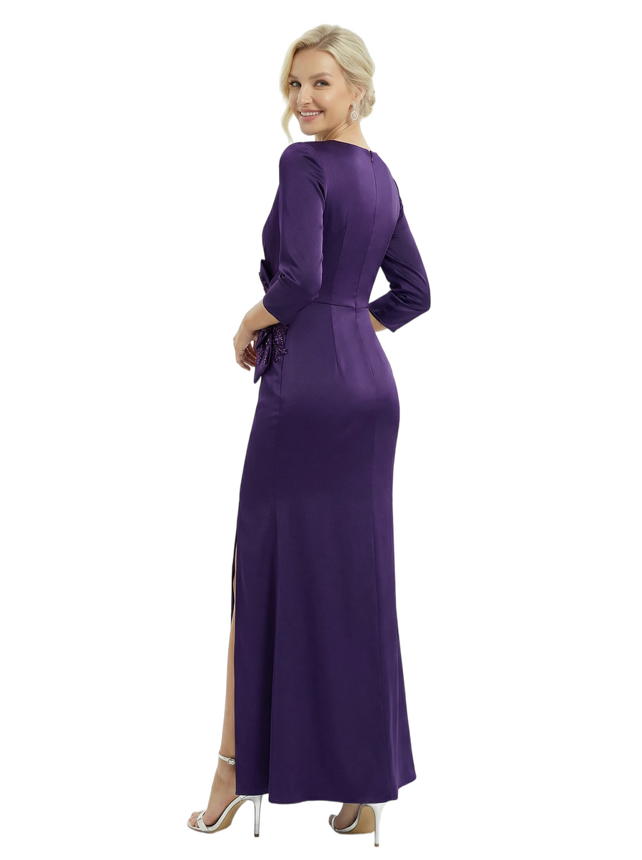 3/4 Sleeves V-Neck Satin Mother Of The Bride Dress Mermaid Maxi Gown Formal Wedding Attirermal Wedding Attire