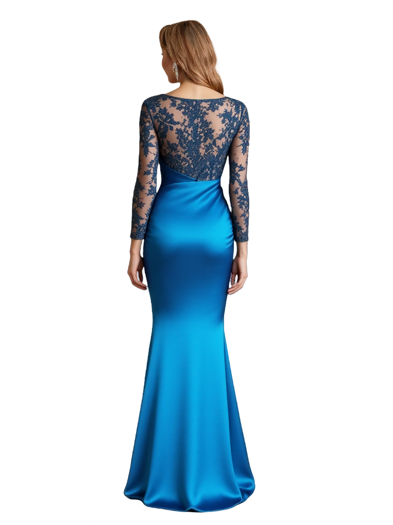 Elegant Long Sleeves Satin And Lace Mermaid V-Neck Ruffle Mother Of The Bride Dresses With Side Slit