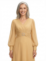 ChicSew Modern V-Neck A-Line Long Sleeves Ankle-Length Chiffon Mother Of The Bride Gowns