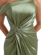 Sexy Asymmetric Mermaid Ruched Satin Nice Long Bridesmaid Dresses Split