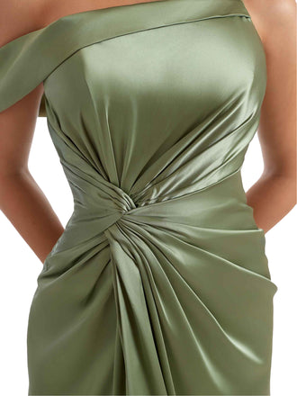 Sexy Asymmetric Mermaid Ruched Satin Nice Long Bridesmaid Dresses Split