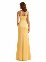 Sexy V-neck Mermaid Silky Satin Long Formal Dresses Side Slit Spaghetti Straps