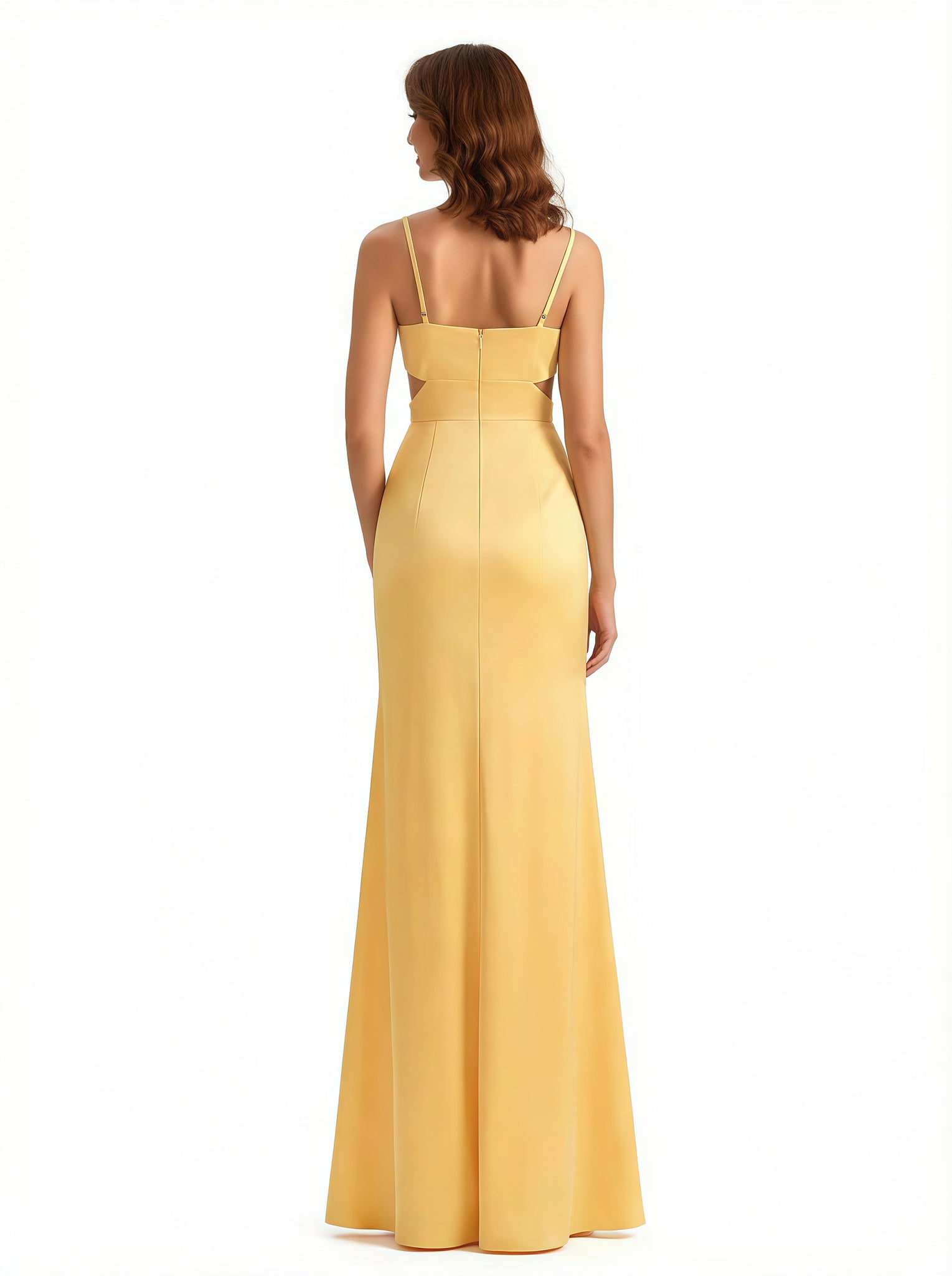 Sexy V-neck Mermaid Silky Satin Long Formal Dresses Side Slit Spaghetti Straps