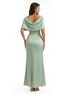 Elegant Cape Sleeve Ruched Silky Satin Mermaid Maxi Evening Gowns For Women Side Slit