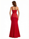 Women's Mermaid Ruched Satin Side Slit Long Formal Dresses With Waist Drape Spaghetti Straps V-Neck