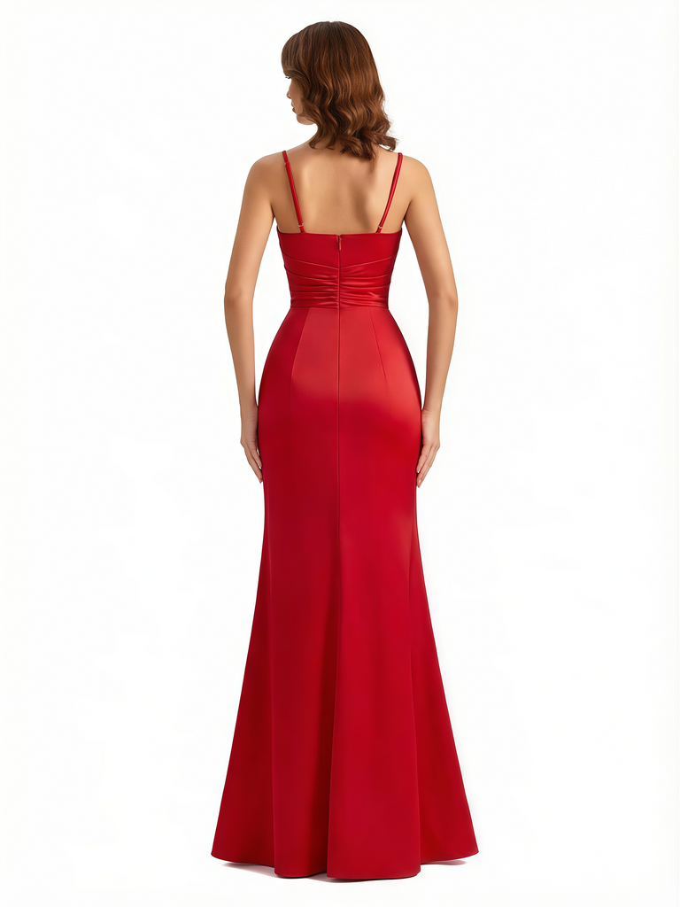 Women's Mermaid Ruched Satin Side Slit Long Formal Dresses With Waist Drape Spaghetti Straps V-Neck