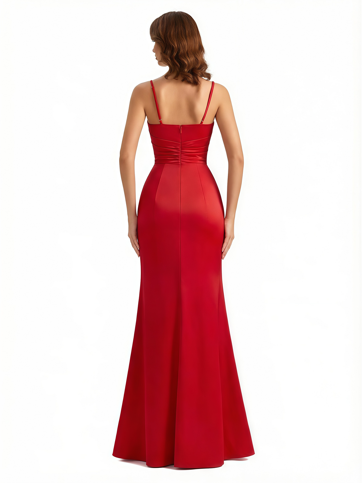 Women's Mermaid Ruched Satin Side Slit Long Formal Dresses With Waist Drape Spaghetti Straps V-Neck