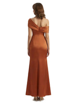 Sexy Asymmetrical Straps Silky Satin Mermaid Maxi Evening Dresses For Ladies Side Slit