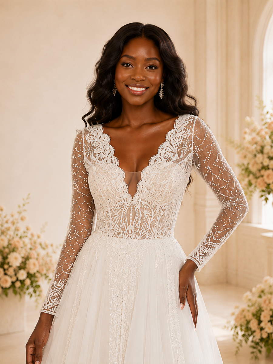 ChicSew Elegant Fancy V-Neck Long Sleeves Tulle A-Line Open Back Wedding Dress With Lace Applique