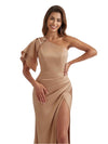 Gorgeous One Shoulder Mermaid Side Slit Silky Satin Long Bridesmaid Dress For Wedding