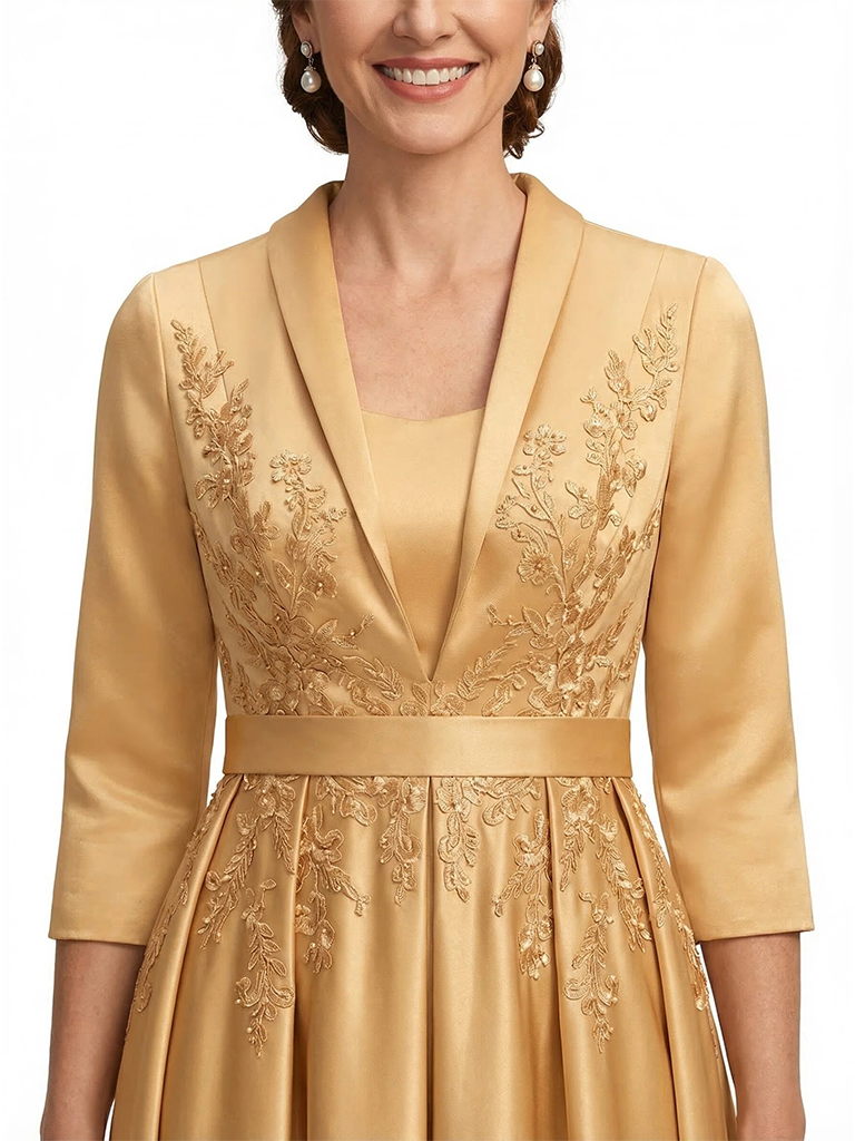 ChicSew Elegant V-Neck Silky Satin A-Line Midi Mother Of The Bride Dresses With Long Sleeves