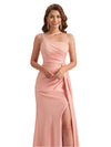 Elegant Asymmetric Spaghetti Straps Silky Satin Mermaid Side Slit Long Bridesmaid Dresses