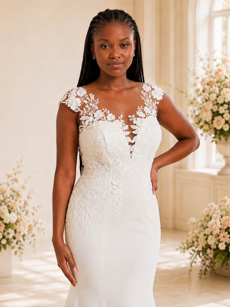 ChicSew Elegant V-Neck Lace Applique Crepe Mermaid Maxi Long Wedding Dress