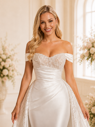 ChicSew Unique Mermaid Off The Shoulder Beading Satin Long Wedding Dresses With Overskirt