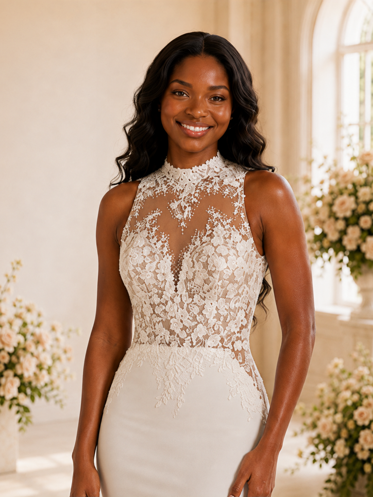 ChicSew Elegant High Neck Sleeveless Lace Appliques Crepe Long Mermaid Wedding Dress